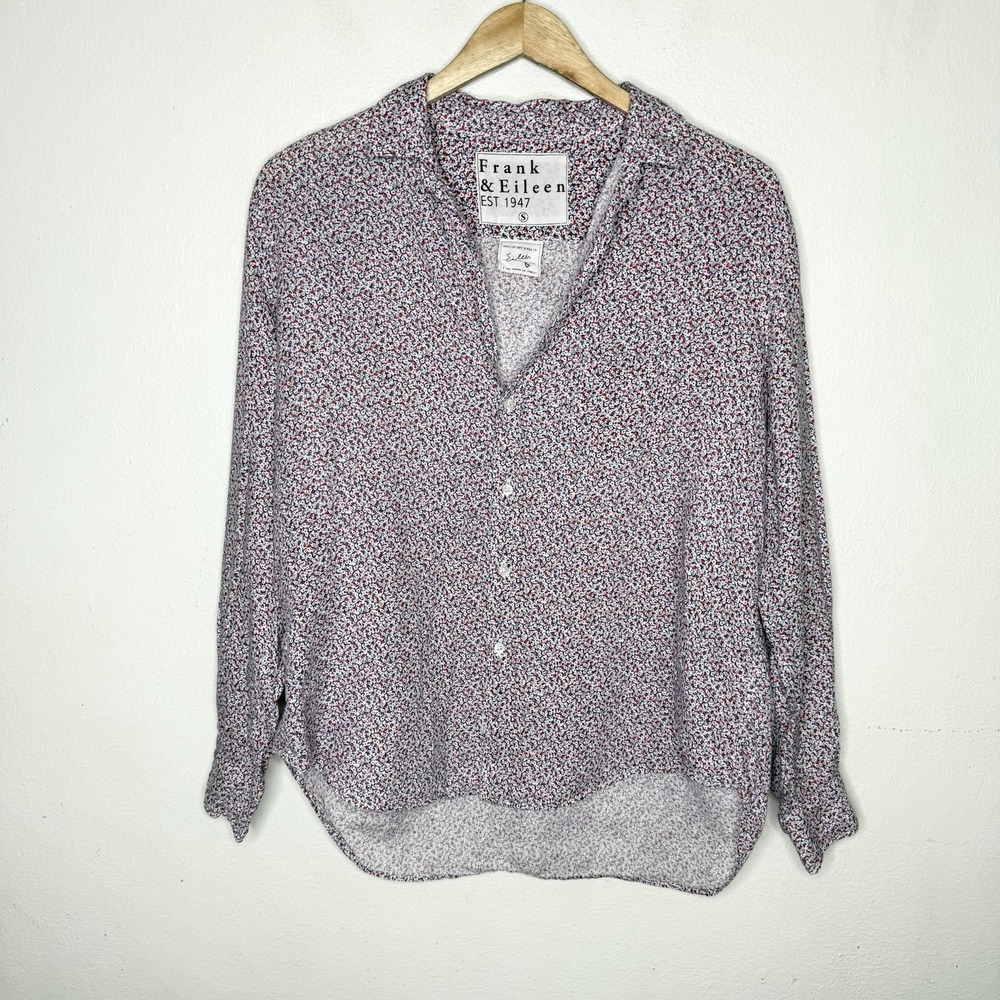 Frank And Eileen Button Up Shirt Red Blue Ditsy Floral Linen Women's Small